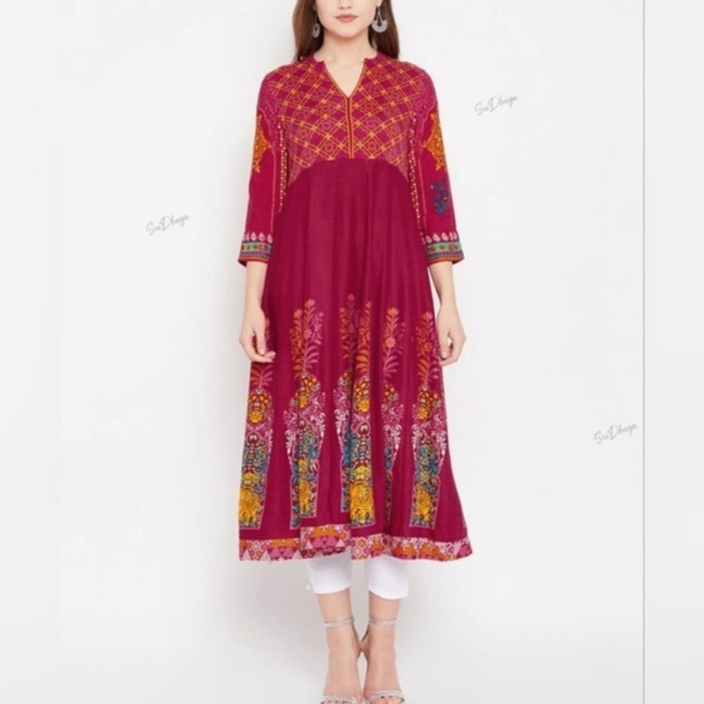 Anarkali Kurta - Pink Printed Indian Dress Ethnic‎ Wear - Kurta Women size XS